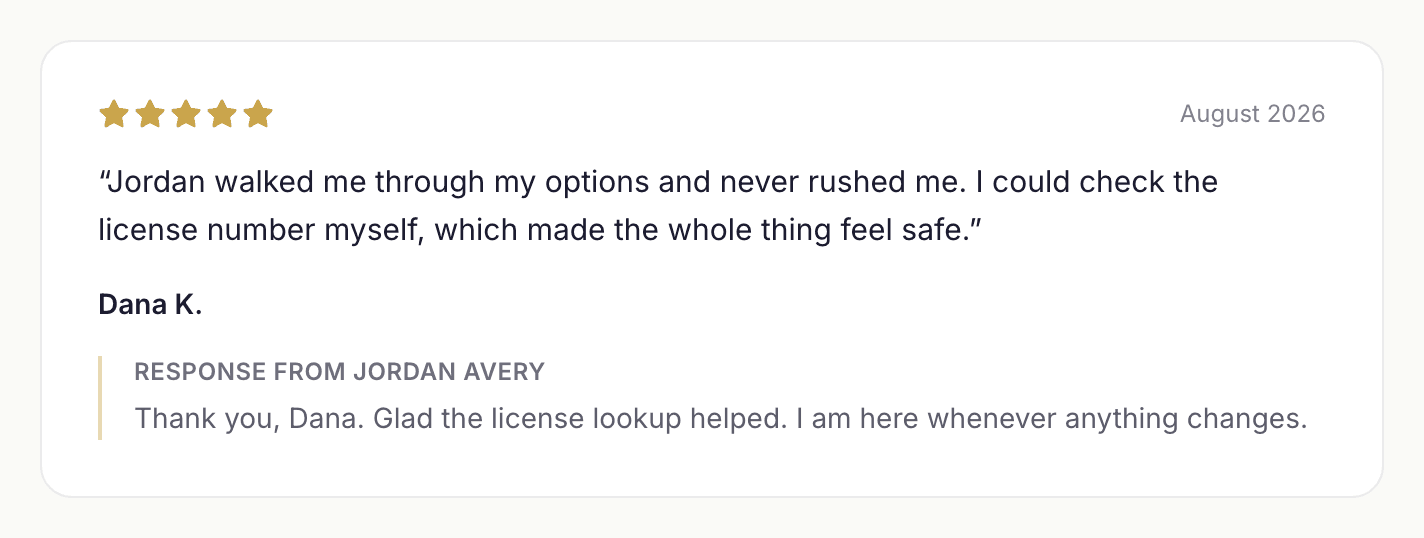 A real review card with the agent's public reply shown under the review