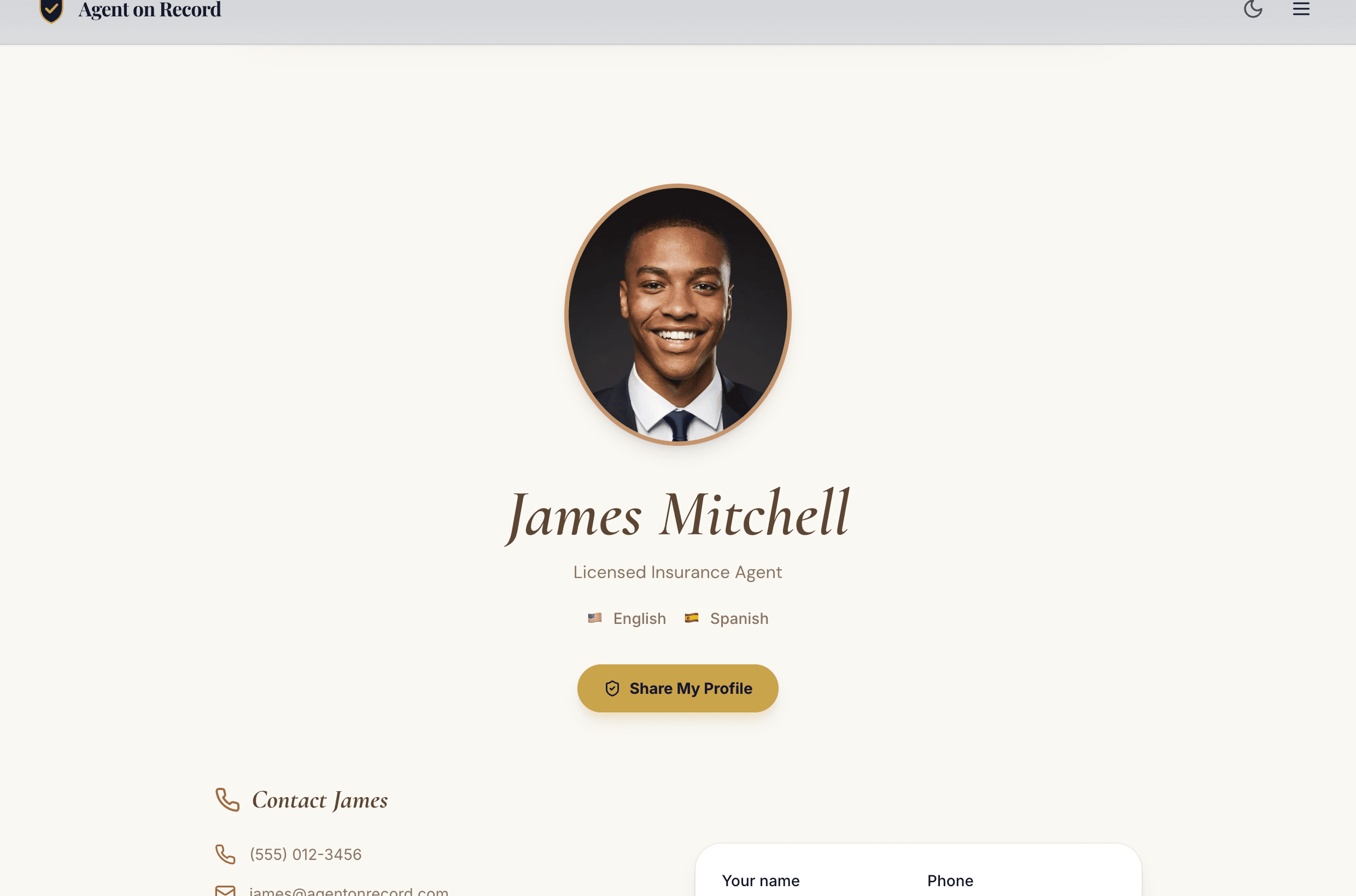 The Boutique profile template, rendered live