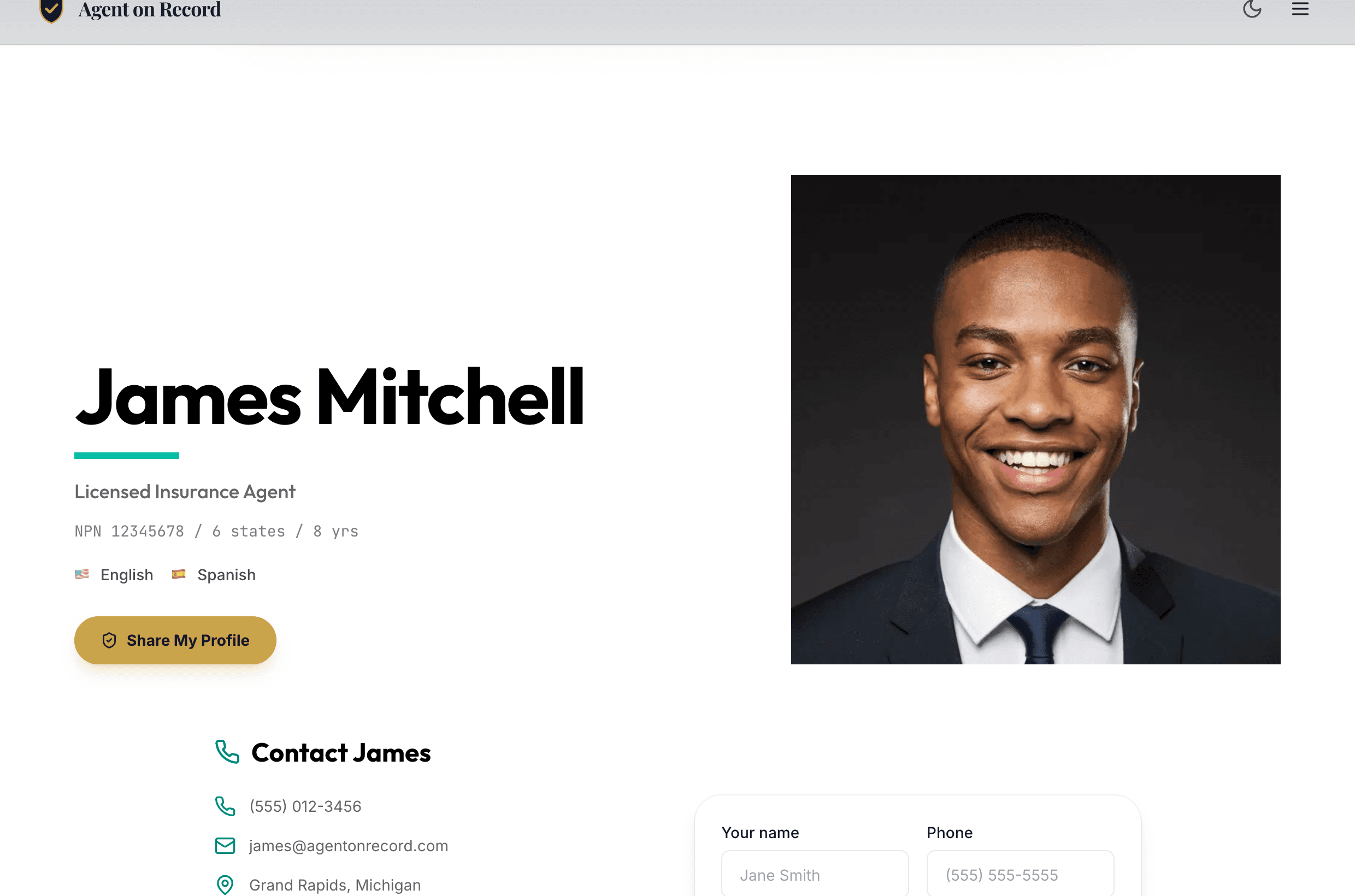 The Modern profile template, rendered live