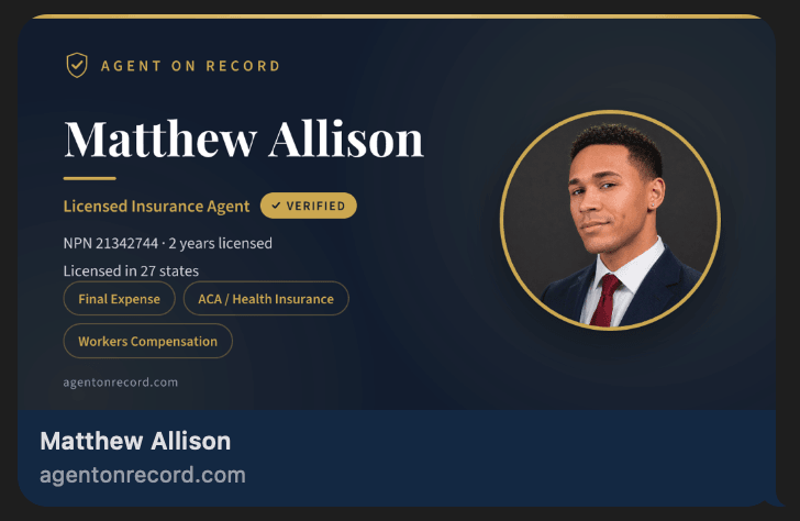 The link preview Messages rendered for Matt Allison's live profile: his photo, VERIFIED badge, NPN, licensed states, and specialties on the Agent on Record card